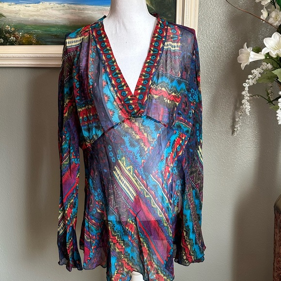 Chico’s Silk Multicolored Long Sleeve V-neck Top Size 3 - Picture 16 of 17
